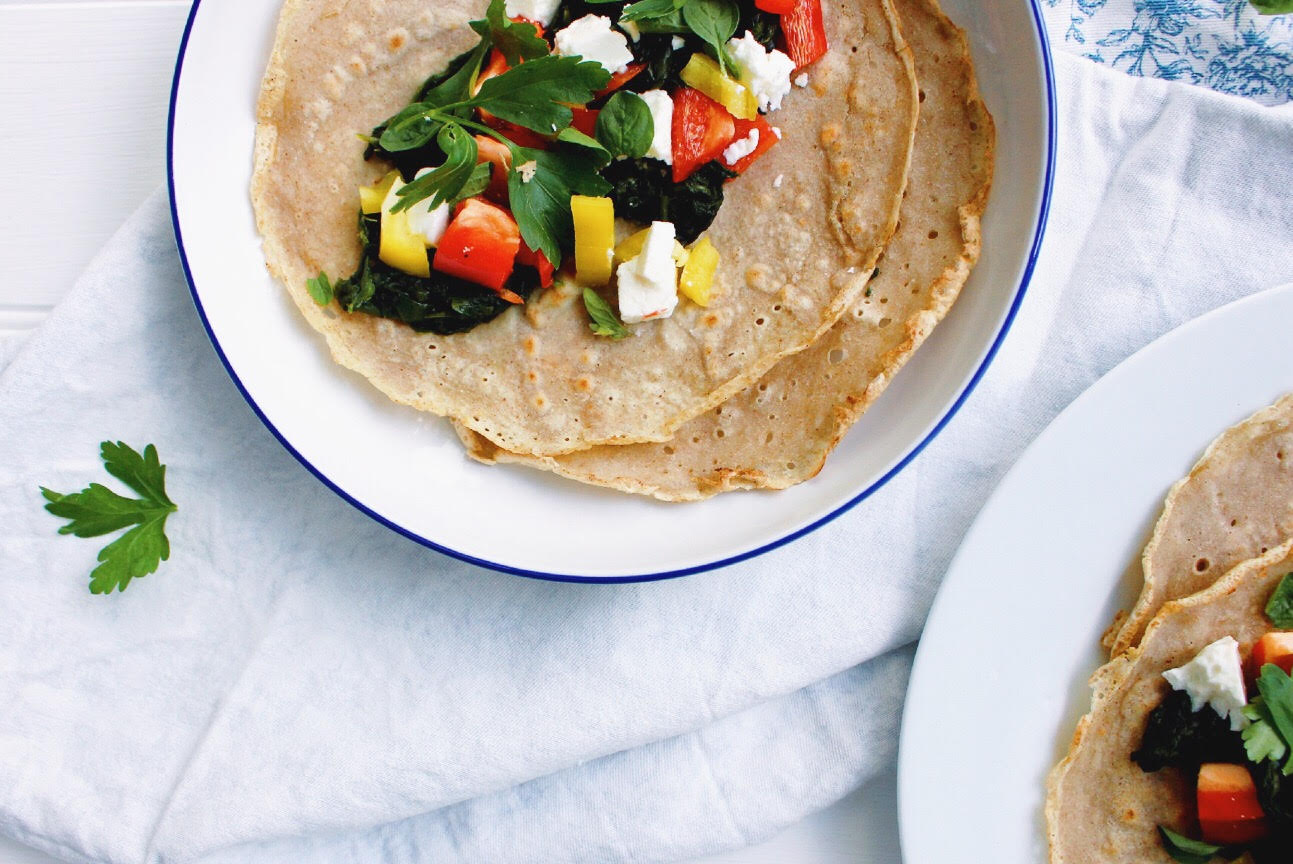 BUCKWHEAT CREPES WITH SPINACH, PEPPERS AND FETA - She Can't Eat What