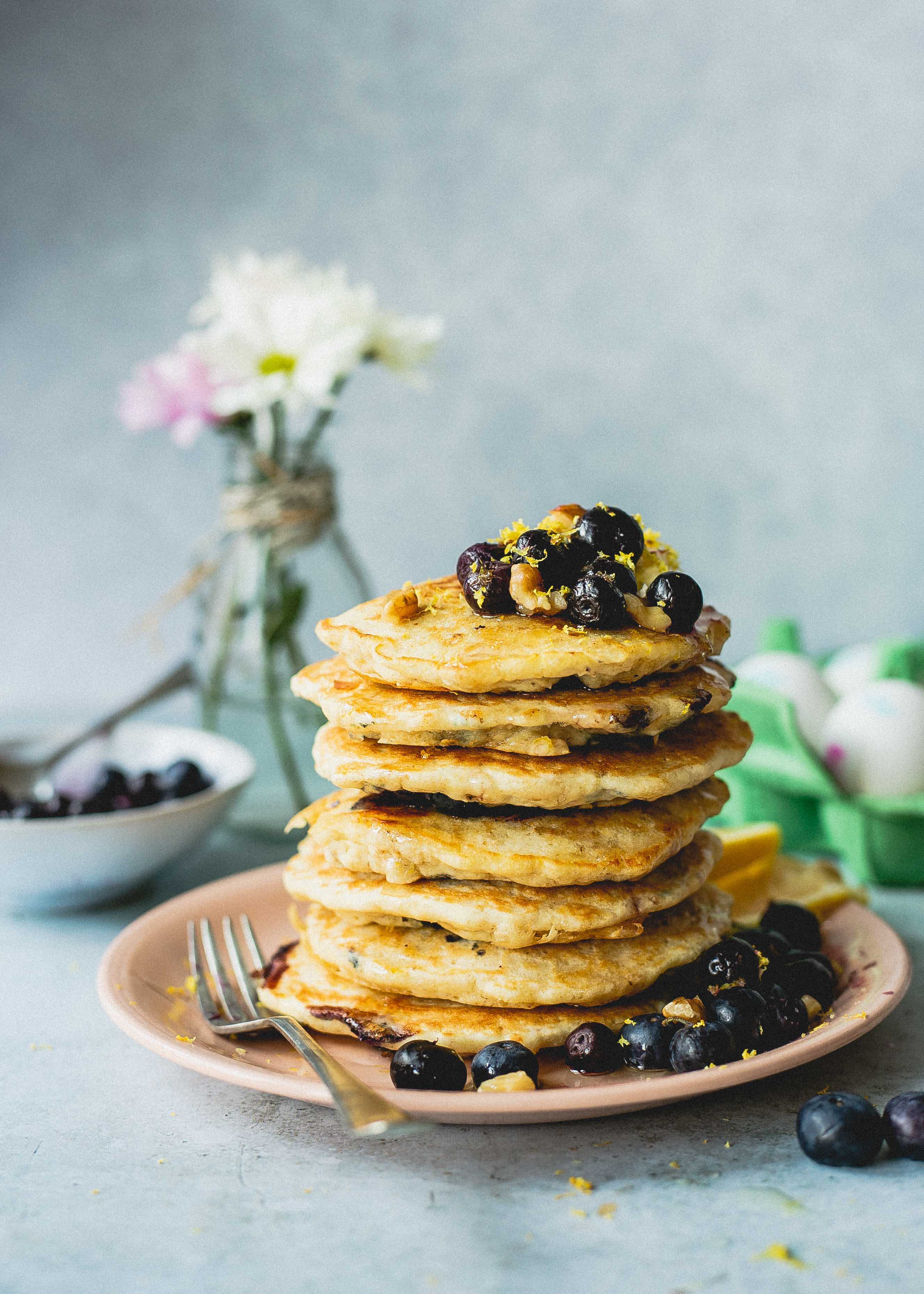 Stack of Low FODMAP blueberry pancakes