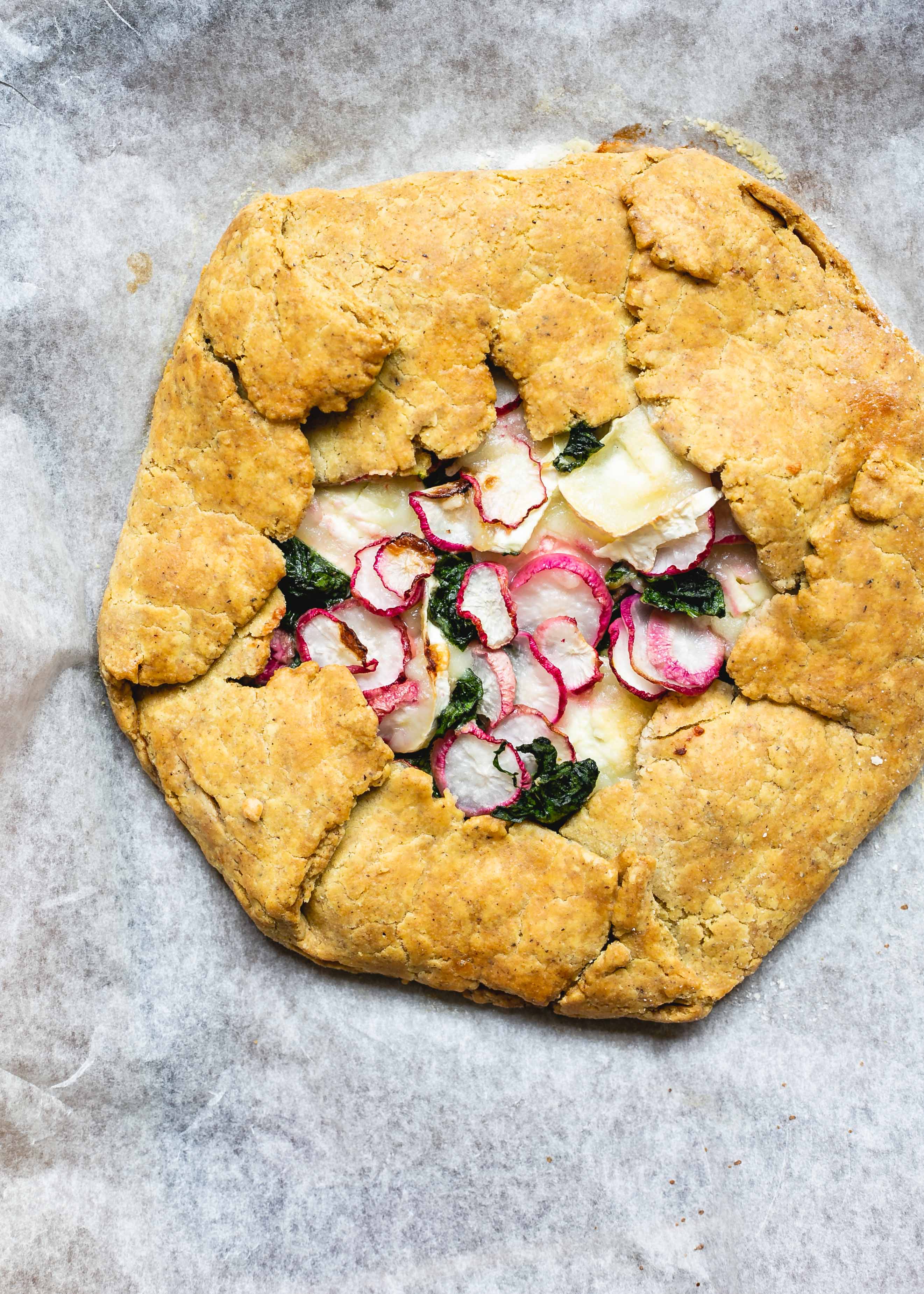 FODMAP friendly radish goats cheese spinach galette