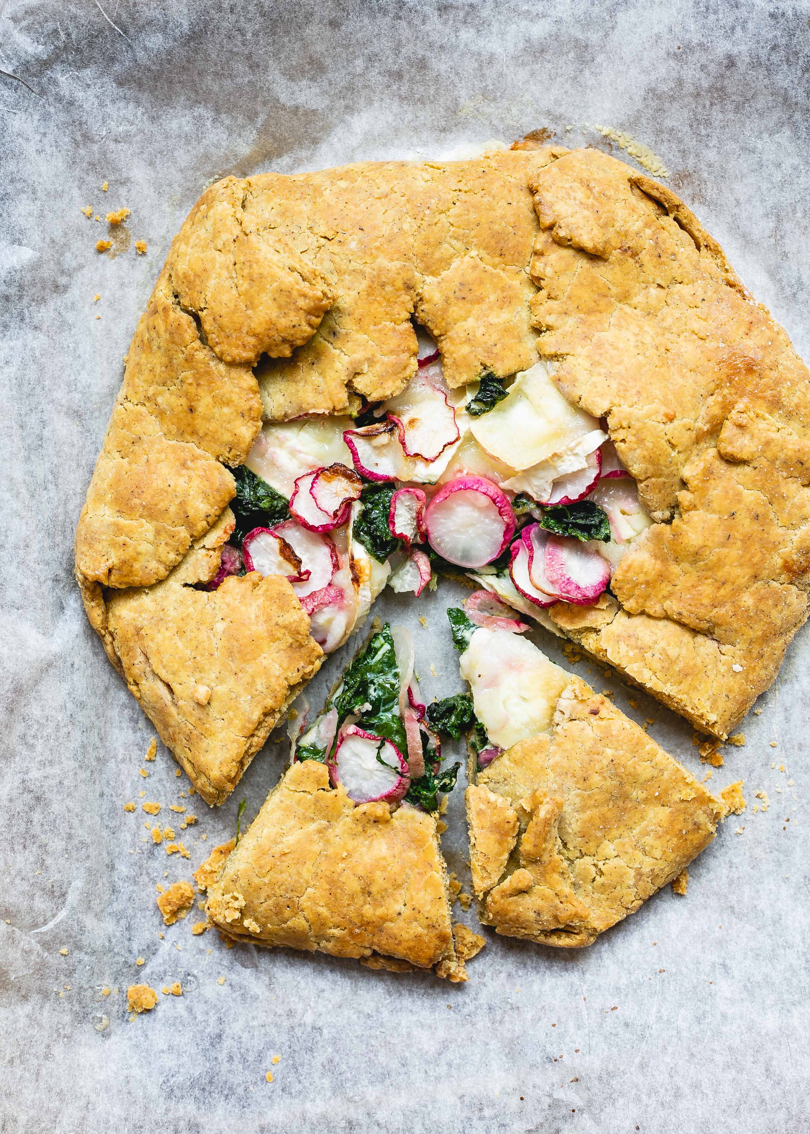 Slices of FODMAP friendly radish goats cheese spinach galette