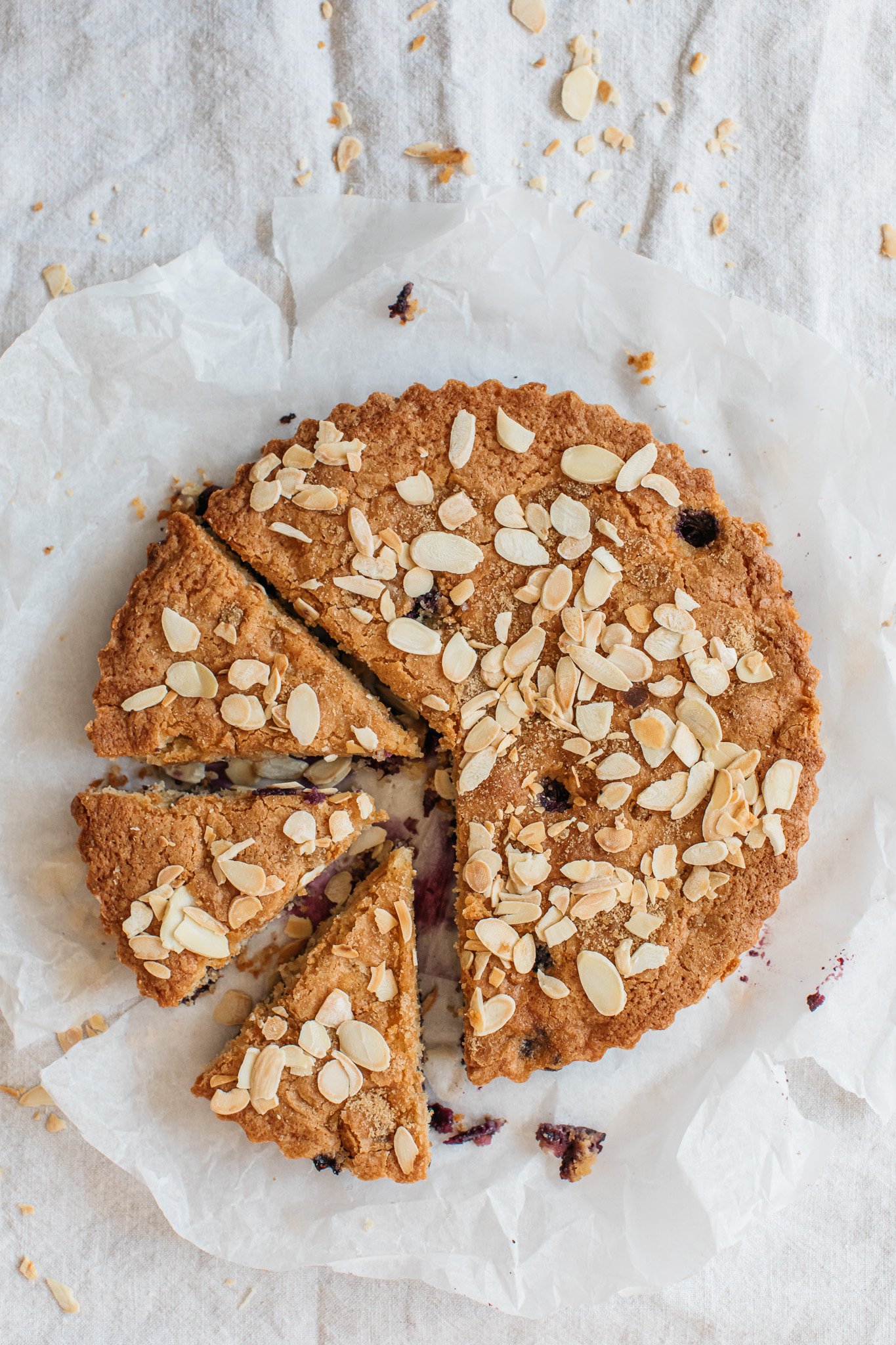 Low FODMAP blueberry cake with flaked almonds