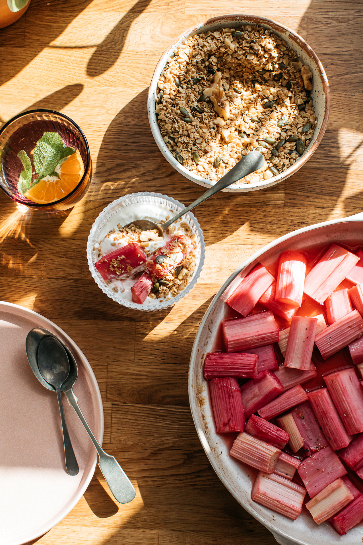 Low FODMAP breakfast - food styling rhubarb and granola