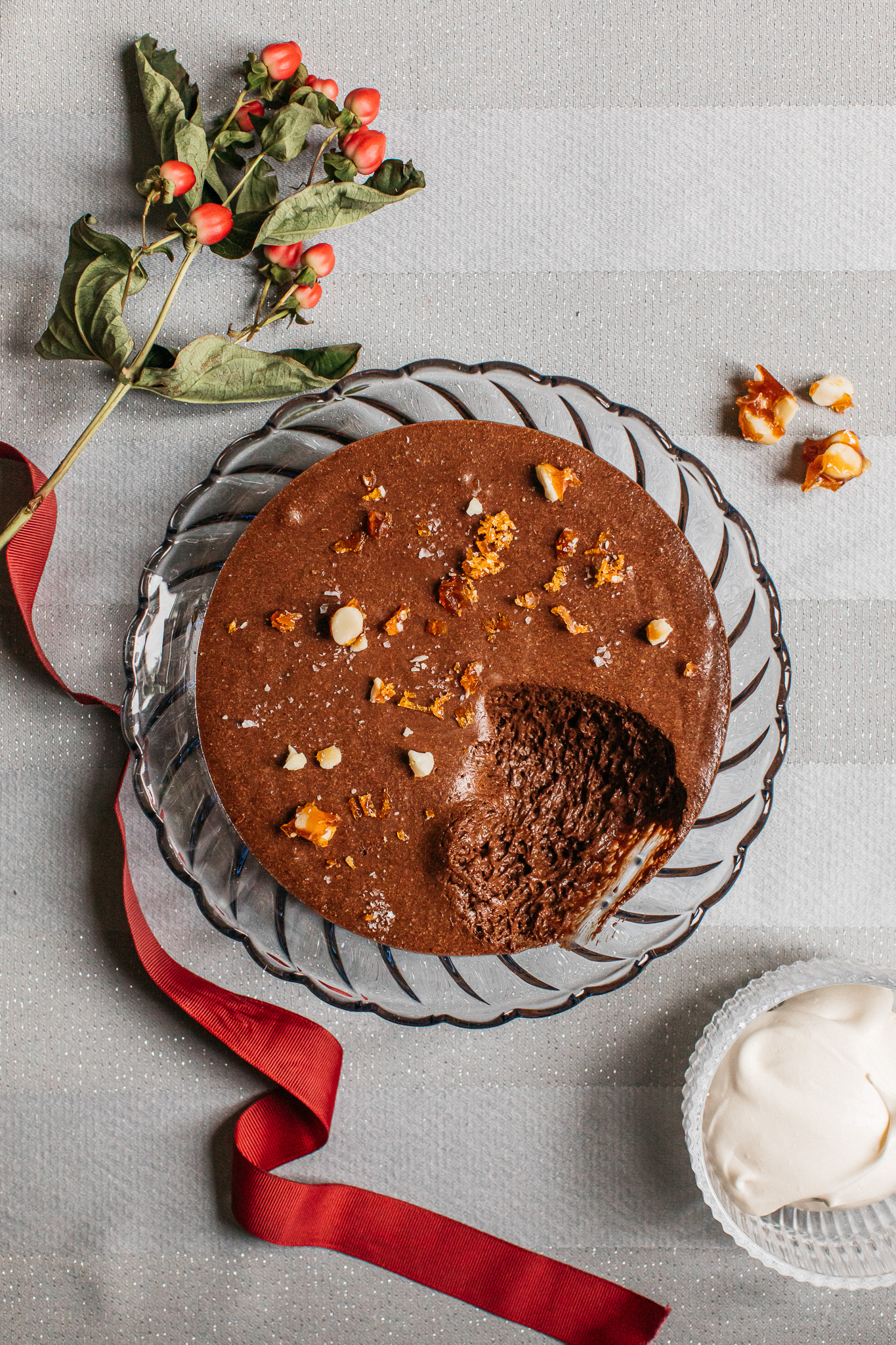 Rich low FODMAP chocolate mousse with macadamia nut brittle
