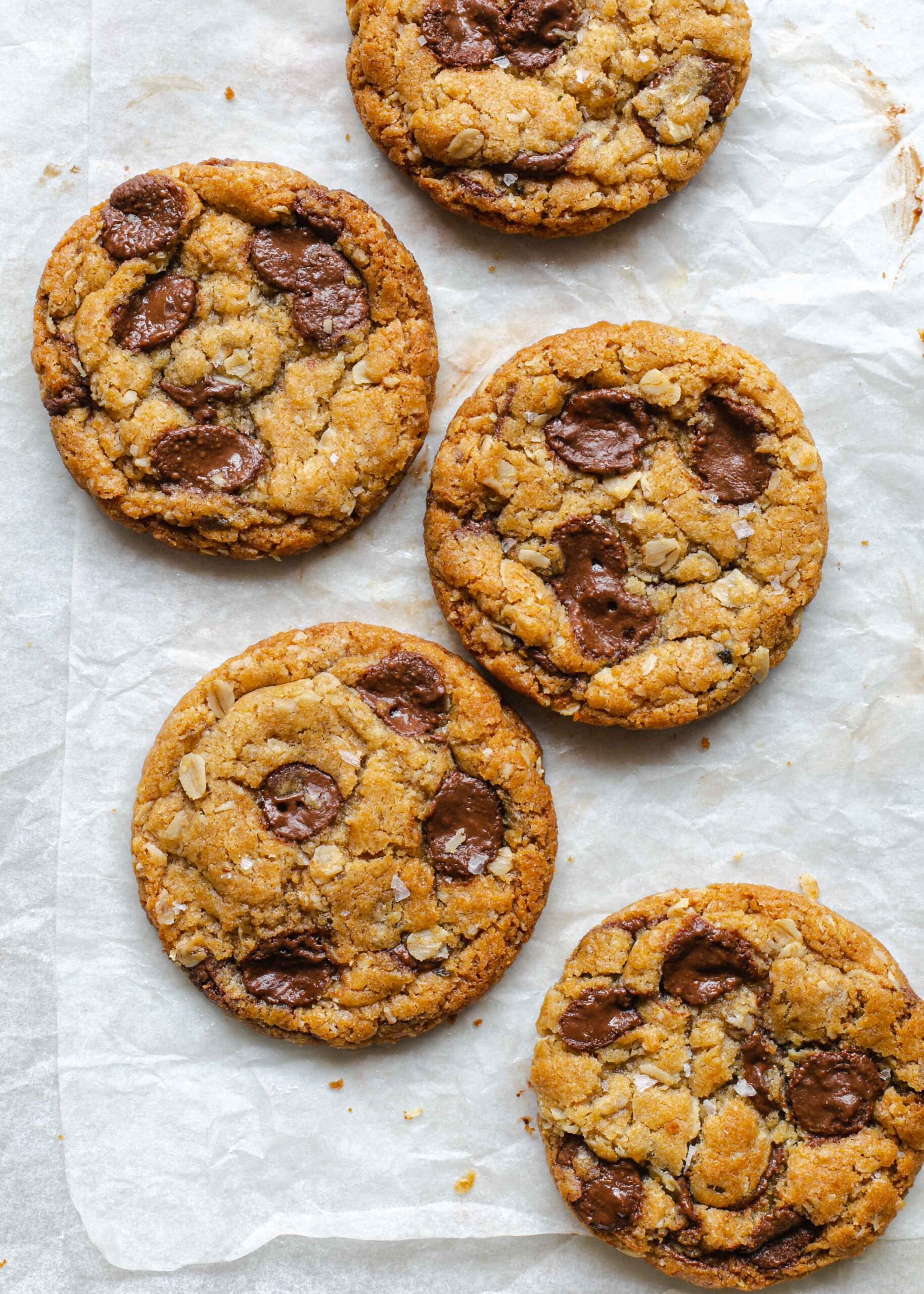 Chewy, crispy gluten free cookies with pools of melted chocolate