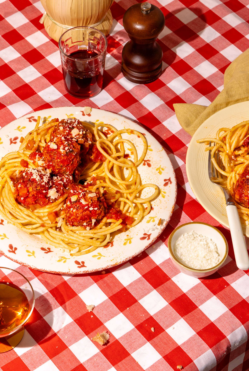 Plate of gluten free spaghetti meatballs in rich tomato sauce